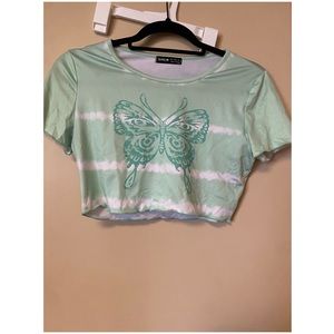 Light green and white, tie dye, butterfly crop top